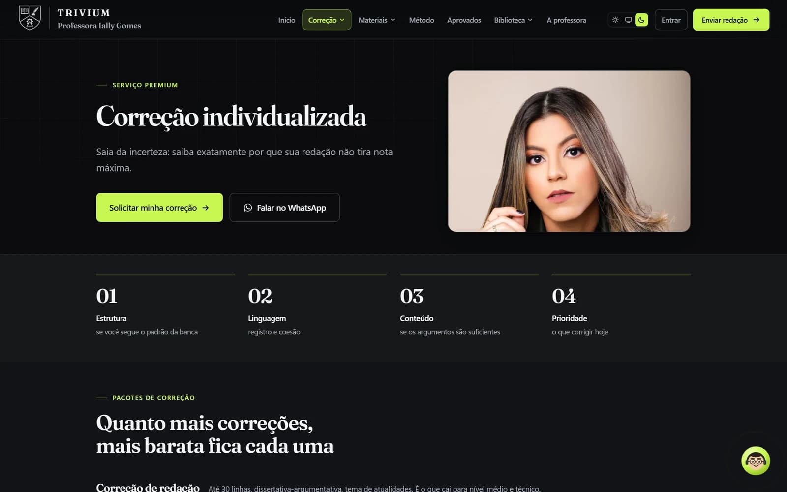 Página da correção individualizada, no tema escuro